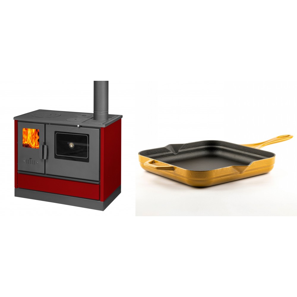 Set Küchenofen mit Backofen und Kochplatte Balkan Energy, Modell 4020 Bordeaux, Obere Platte aus Gusseisen, Leistung 7.9kW + Emaillierte Gusseisenpfanne Solagio, Dijon, 28x28cm | Kaminofen - Holzofen mit Backfach | Kaminofen |