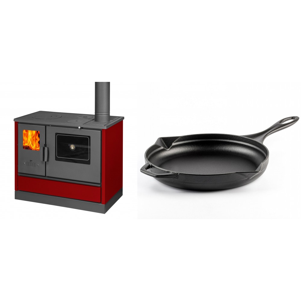 Set Küchenofen mit Backofen und Kochplatte Balkan Energy, Modell 4020 Bordeaux, Obere Platte aus Gusseisen, Leistung 7.9kW + Emaillierte Gusseisenpfanne Solagio, Black Onyx, Ф28cm