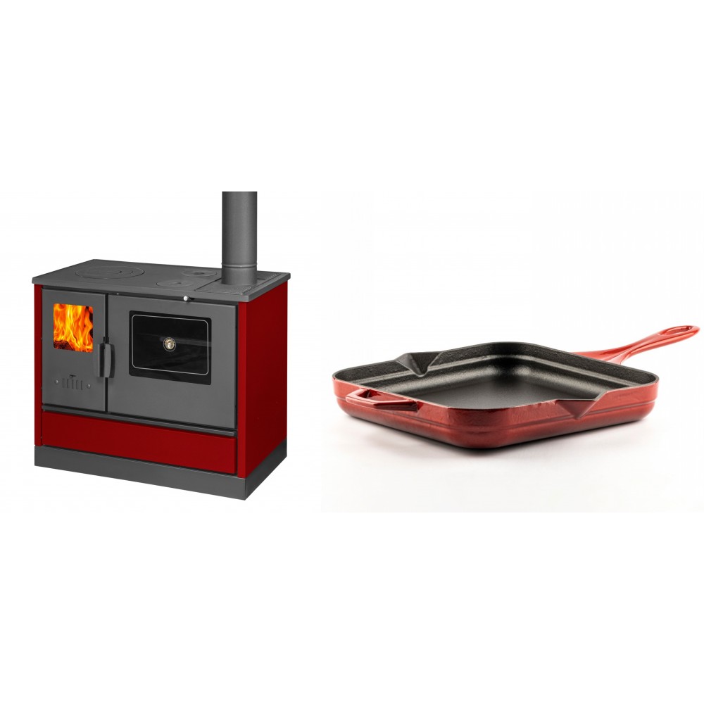 Set Küchenofen mit Backofen und Kochplatte Balkan Energy, Modell 4020 Bordeaux, Obere Platte aus Gusseisen, Leistung 7.9kW + Emaillierte Gusseisenpfanne Solagio, Rubin, 28x28cm