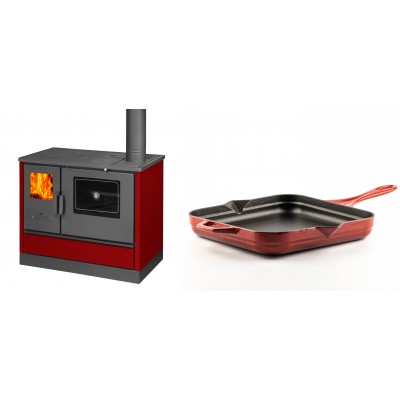 Set Küchenofen mit Backofen und Kochplatte Balkan Energy, Modell 4020 Bordeaux, Obere Platte aus Gusseisen, Leistung 7.9kW + Emaillierte Gusseisenpfanne Solagio, Rubin, 28x28cm - Balkan Energy