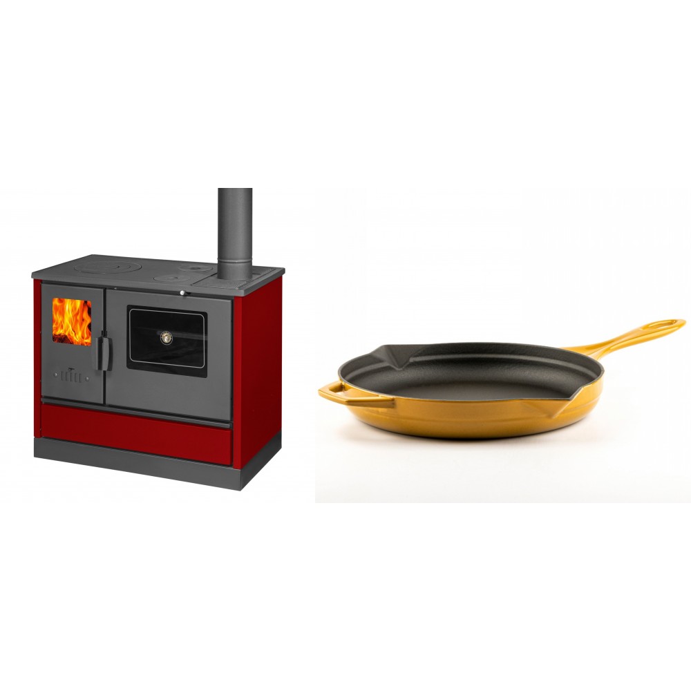 Set Küchenofen mit Backofen und Kochplatte Balkan Energy, Modell 4020 Bordeaux, Obere Platte aus Gusseisen, Leistung 7.9kW + Emaillierte Gusseisenpfanne Solagio, Dijon, Ф28cm | Kaminofen - Holzofen mit Backfach | Kaminofen |