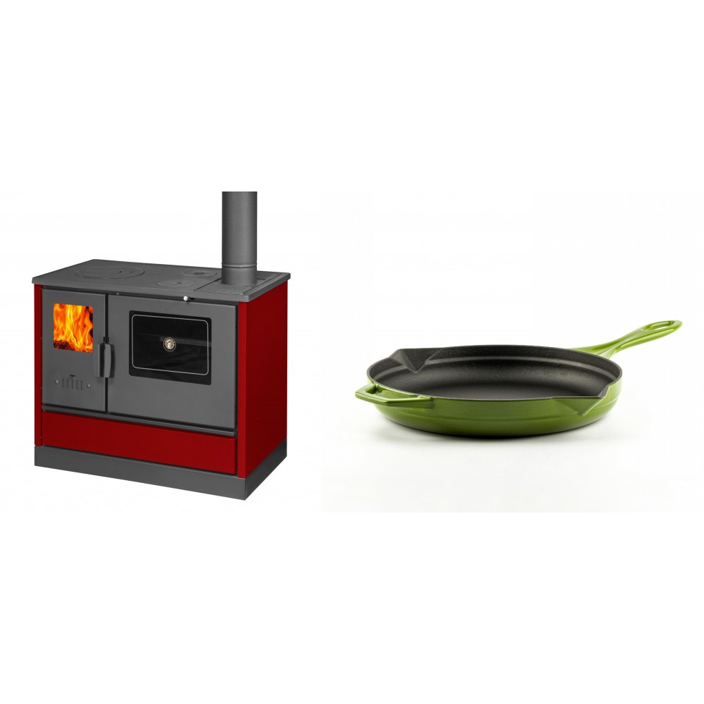 Set Küchenofen mit Backofen und Kochplatte Balkan Energy, Modell 4020 Bordeaux, Obere Platte aus Gusseisen, Leistung 7.9kW + Emaillierte Gusseisenpfanne Solagio, Bamboo, Ф24cm | Kaminofen - Holzofen mit Backfach | Kaminofen |
