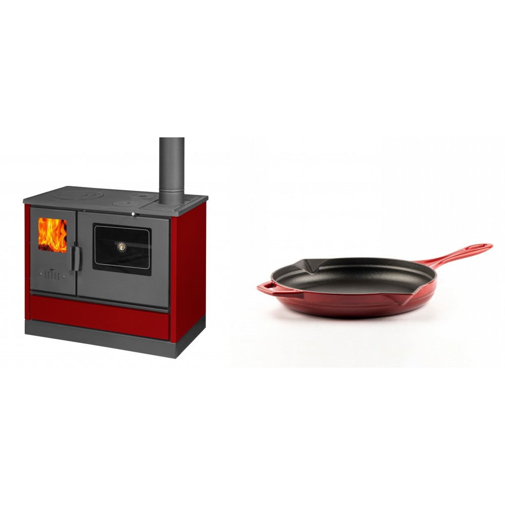 Set Küchenofen mit Backofen und Kochplatte Balkan Energy, Modell 4020 Bordeaux, Obere Platte aus Gusseisen, Leistung 7.9kW + Emaillierte Gusseisenpfanne Solagio, Rubin, Ф24cm | Kaminofen - Holzofen mit Backfach | Kaminofen |