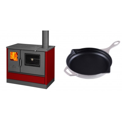 Set Küchenofen mit Backofen und Kochplatte Balkan Energy, Modell 4020 Bordeaux, Obere Platte aus Gusseisen, Leistung 7.9kW + Emaillierte Gusseisenpfanne Solagio, Ivory, Ф28cm - Balkan Energy