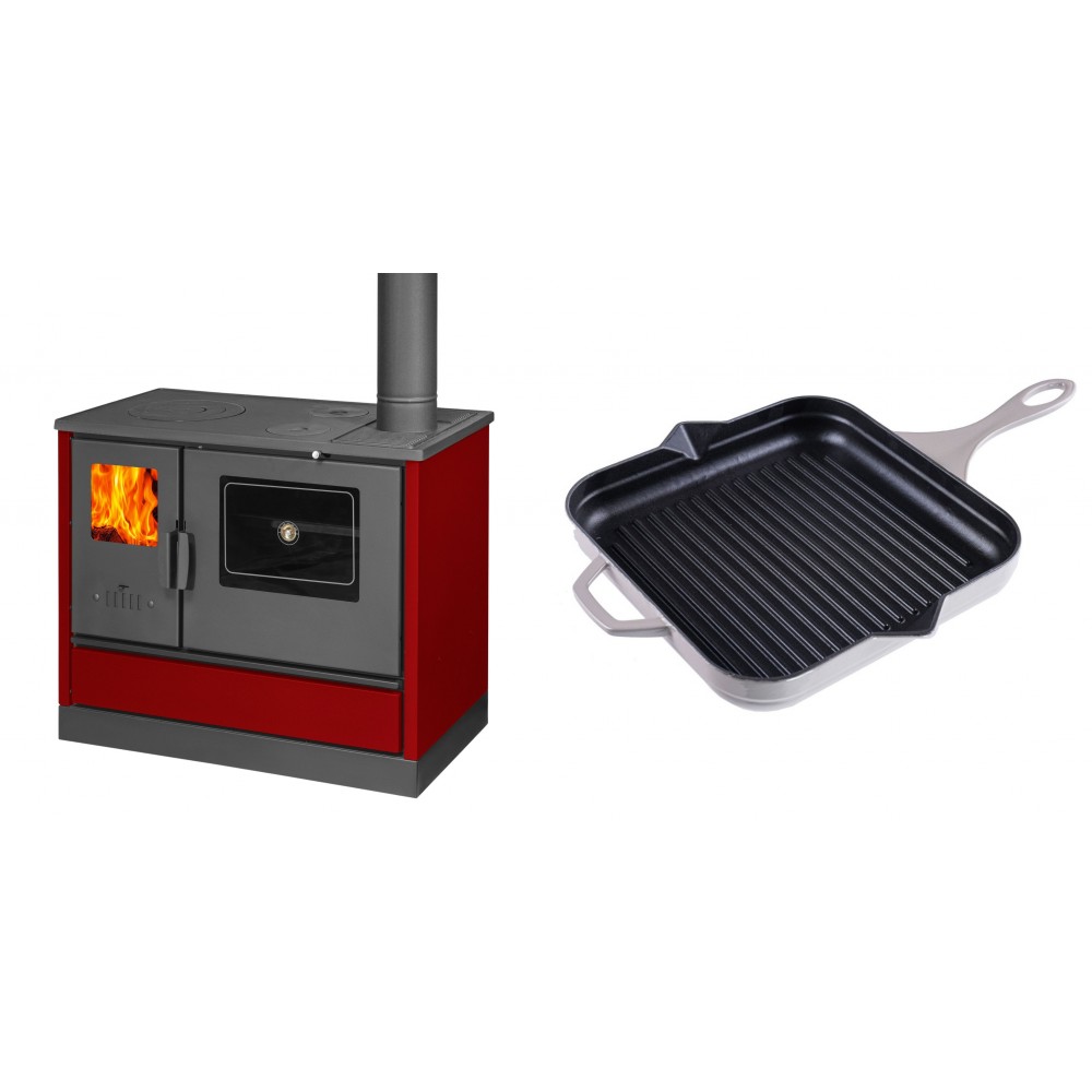 Set Küchenofen mit Backofen und Kochplatte Balkan Energy, Modell 4020 Bordeaux, Obere Platte aus Gusseisen, Leistung 7.9kW + Emaillierte grillpfanne Gusseisen Solagio, Ivory, 28x28cm