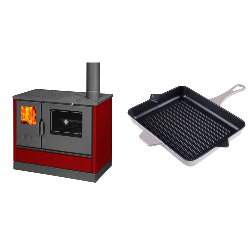 Set Küchenofen mit Backofen und Kochplatte Balkan Energy, Modell 4020 Bordeaux, Obere Platte aus Gusseisen, Leistung 7.9kW + Emaillierte grillpfanne Gusseisen Solagio, Ivory, 26x32cm | Kaminofen - Holzofen mit Backfach | Kaminofen |