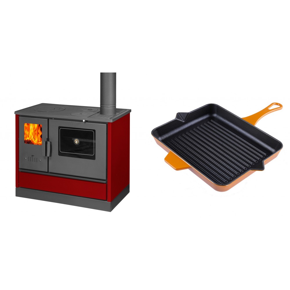 Set Küchenofen mit Backofen und Kochplatte Balkan Energy, Modell 4020 Bordeaux, Obere Platte aus Gusseisen, Leistung 7.9kW + Emaillierte grillpfanne Gusseisen Solagio, Dijon, 26x32cm | Kaminofen - Holzofen mit Backfach | Kaminofen |