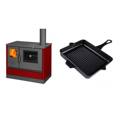 Set Küchenofen mit Backofen und Kochplatte Balkan Energy, Modell 4020 Bordeaux, Obere Platte aus Gusseisen, Leistung 7.9kW + Emaillierte grillpfanne Gusseisen Solagio, Black Onyx, 26x32cm - Balkan Energy