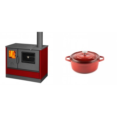 Set Küchenofen mit Backofen und Kochplatte Balkan Energy, Modell 4020 Bordeaux, Obere Platte aus Gusseisen, Leistung 7.9kW + Gusseisen Topf Tiefer Solagio, Rubin, Ф12 - Balkan Energy