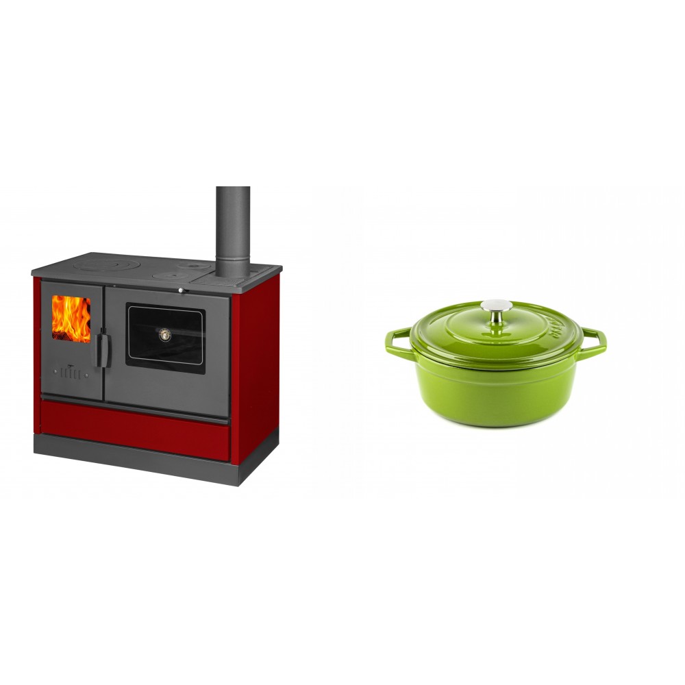 Set Küchenofen mit Backofen und Kochplatte Balkan Energy, Modell 4020 Bordeaux, Obere Platte aus Gusseisen, Leistung 7.9kW + Gusseisen Topf Tiefer Solagio, Bamboo, Ф12