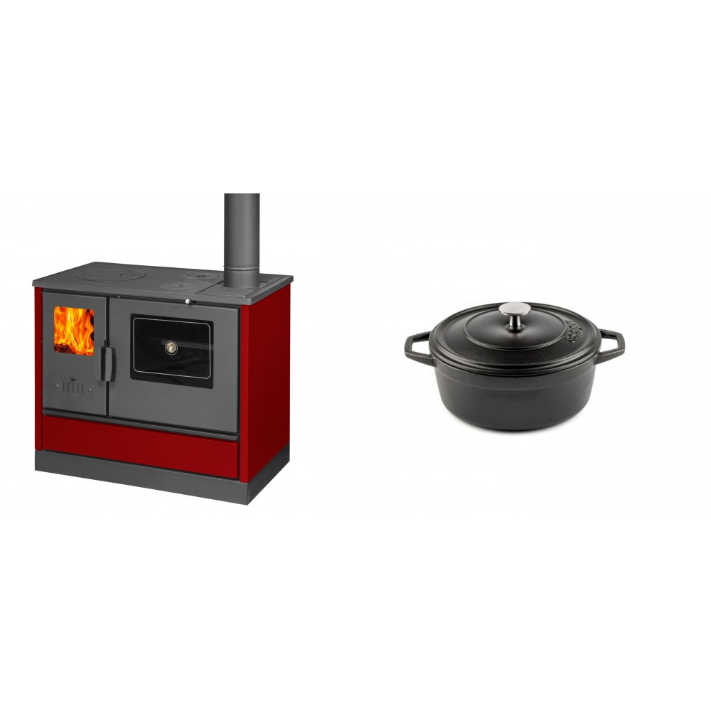 Set Küchenofen mit Backofen und Kochplatte Balkan Energy, Modell 4020 Bordeaux, Obere Platte aus Gusseisen, Leistung 7.9kW + Gusseisen Topf Tiefer Solagio, Black Onyx, Ф12