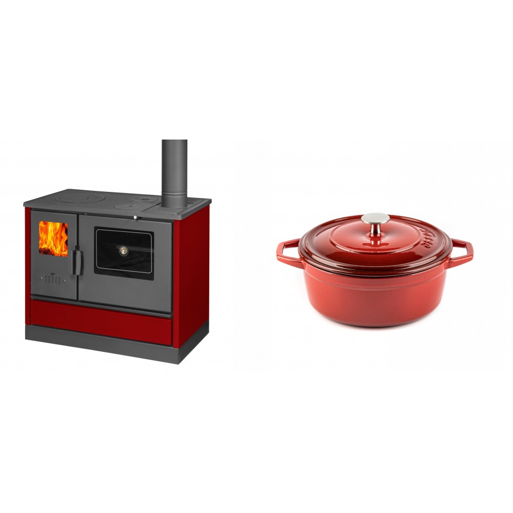 Set Küchenofen mit Backofen und Kochplatte Balkan Energy, Modell 4020 Bordeaux, Obere Platte aus Gusseisen, Leistung 7.9kW + Gusseisen Topf Tiefer Solagio, Rubin, Ф20