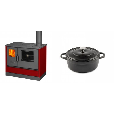 Set Küchenofen mit Backofen und Kochplatte Balkan Energy, Modell 4020 Bordeaux, Obere Platte aus Gusseisen, Leistung 7.9kW + Gusseisen Topf Tiefer Solagio, Black Onyx, Ф20 - Balkan Energy