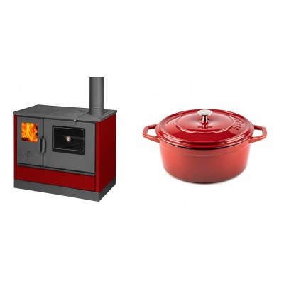 Set Küchenofen mit Backofen und Kochplatte Balkan Energy, Modell 4020 Bordeaux, Obere Platte aus Gusseisen, Leistung 7.9kW + Gusseisen Topf Tiefer Solagio, Rubin, Ф24 - Balkan Energy