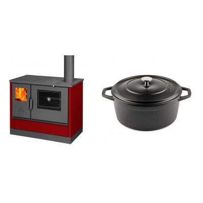 Set Küchenofen mit Backofen und Kochplatte Balkan Energy, Modell 4020 Bordeaux, Obere Platte aus Gusseisen, Leistung 7.9kW + Gusseisen Topf Tiefer Solagio, Black Onyx, Ф24 - Balkan Energy