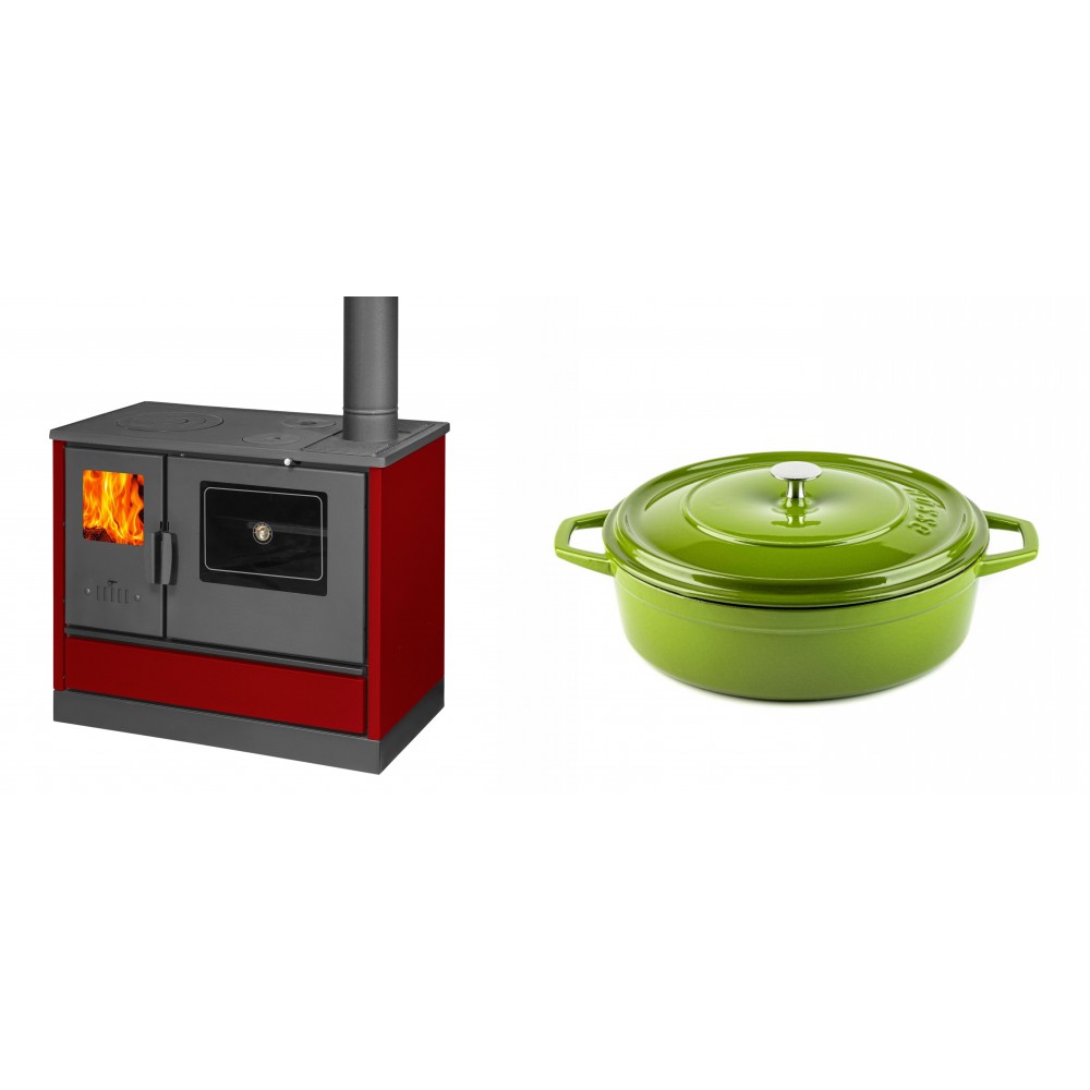 Set Küchenofen mit Backofen und Kochplatte Balkan Energy, Modell 4020 Bordeaux, Obere Platte aus Gusseisen, Leistung 7.9kW + Gusseisen Topf Flach Solagio, Bamboo, Ф26