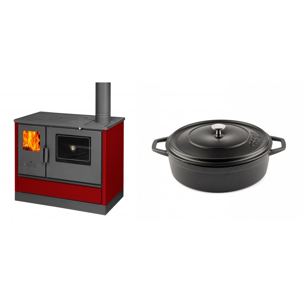 Set Küchenofen mit Backofen und Kochplatte Balkan Energy, Modell 4020 Bordeaux, Obere Platte aus Gusseisen, Leistung 7.9kW + Gusseisen Topf Flach Solagio, Black Onyx, Ф26