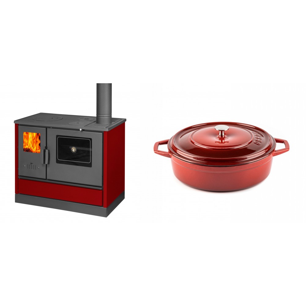 Set Küchenofen mit Backofen und Kochplatte Balkan Energy, Modell 4020 Bordeaux, Obere Platte aus Gusseisen, Leistung 7.9kW + Gusseisen Topf Flach Solagio, Rubin, Ф26 | Kaminofen - Holzofen mit Backfach | Kaminofen |