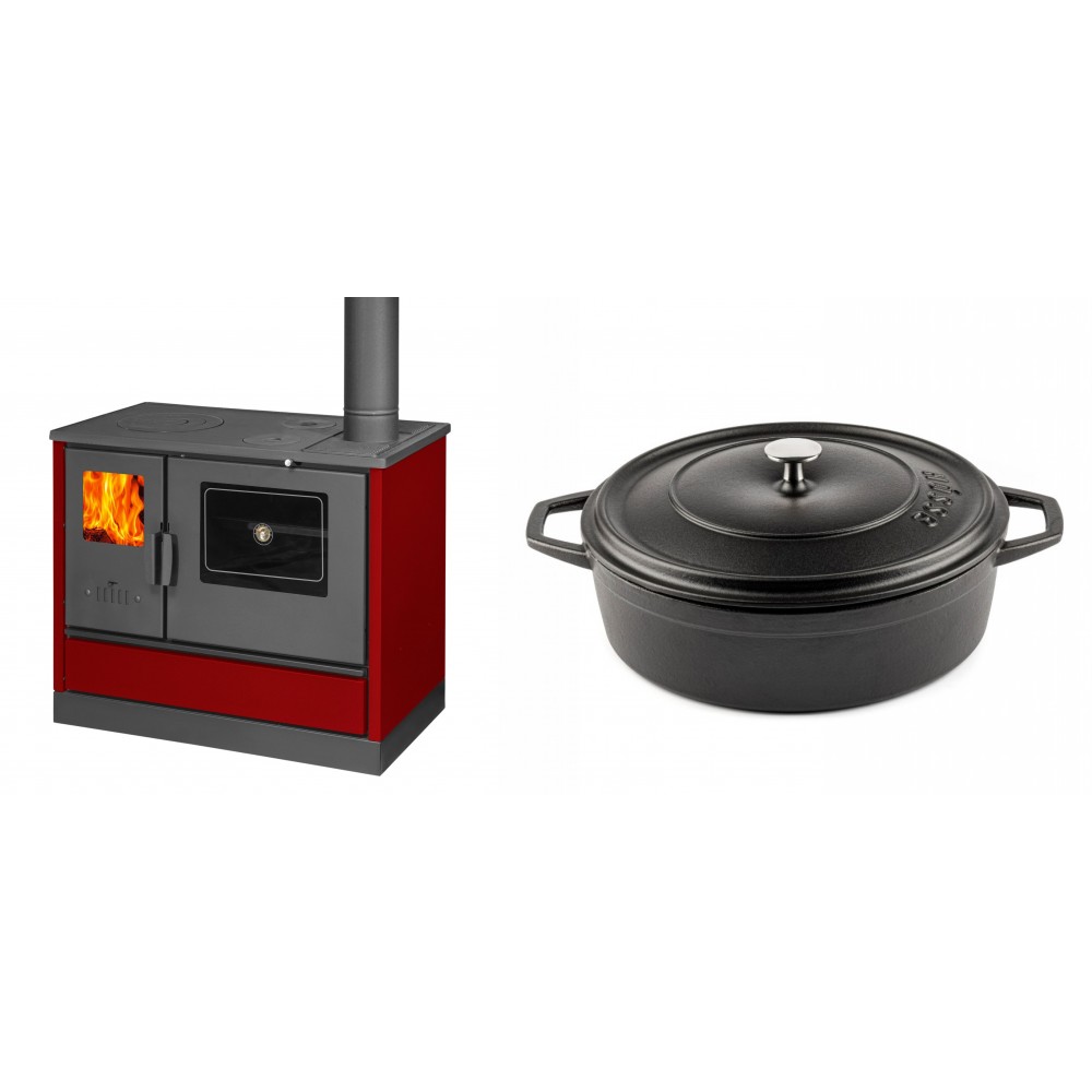 Set Küchenofen mit Backofen und Kochplatte Balkan Energy, Modell 4020 Bordeaux, Obere Platte aus Gusseisen, Leistung 7.9kW + Gusseisen Topf Flach Solagio, Black Onyx, Ф28