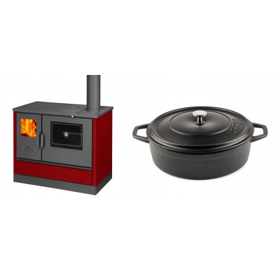 Set Küchenofen mit Backofen und Kochplatte Balkan Energy, Modell 4020 Bordeaux, Obere Platte aus Gusseisen, Leistung 7.9kW + Gusseisen Topf Flach Solagio, Black Onyx, Ф28 - Balkan Energy