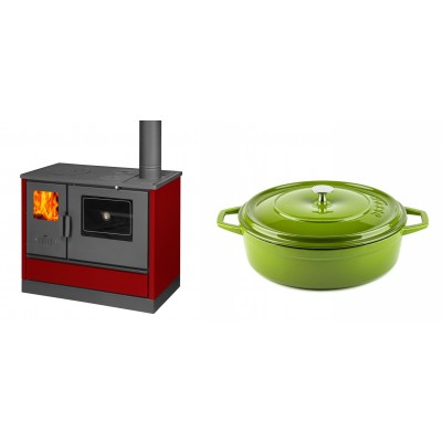 Set Küchenofen mit Backofen und Kochplatte Balkan Energy, Modell 4020 Bordeaux, Obere Platte aus Gusseisen, Leistung 7.9kW + Gusseisen Topf Flach Solagio, Bamboo, Ф28 - Balkan Energy
