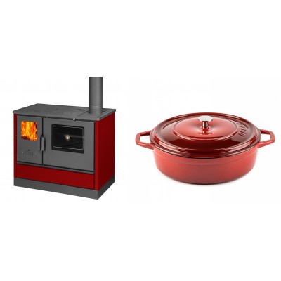 Set Küchenofen mit Backofen und Kochplatte Balkan Energy, Modell 4020 Bordeaux, Obere Platte aus Gusseisen, Leistung 7.9kW + Gusseisen Topf Flach Solagio, Rubin, Ф28 - Balkan Energy