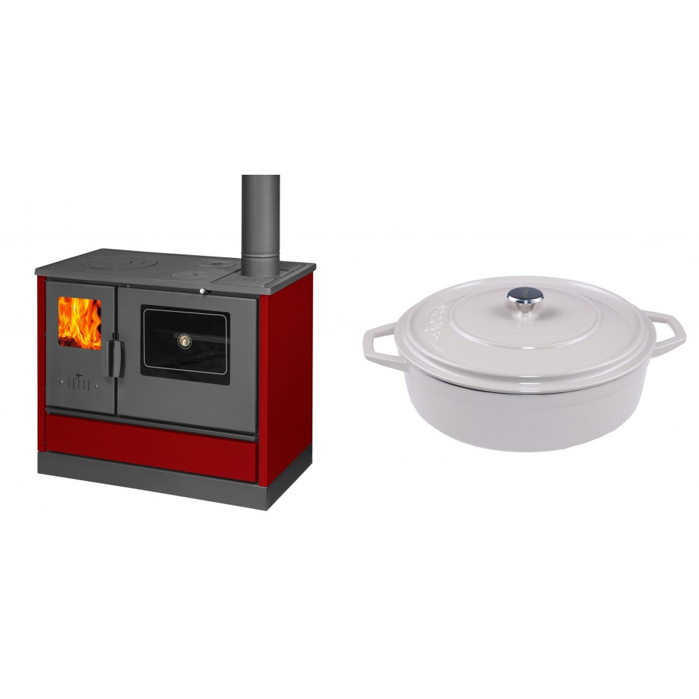 Set Küchenofen mit Backofen und Kochplatte Balkan Energy, Modell 4020 Bordeaux, Obere Platte aus Gusseisen, Leistung 7.9kW + Gusseisen Topf Flach Solagio, Ivory, Ф28