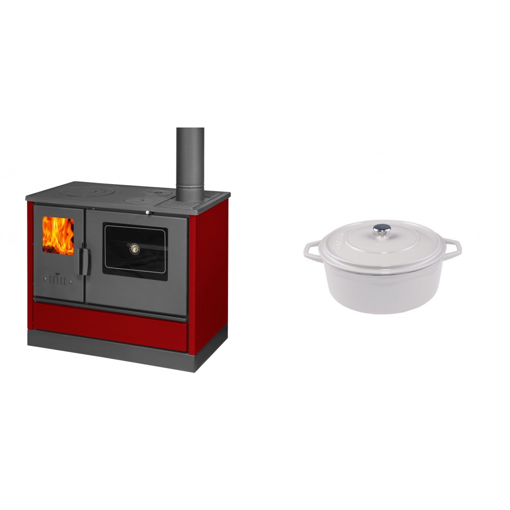 Set Küchenofen mit Backofen und Kochplatte Balkan Energy, Modell 4020 Bordeaux, Obere Platte aus Gusseisen, Leistung 7.9kW + Gusseisen Topf Tiefer Solagio, Ivory, Ф12 | Kaminofen - Holzofen mit Backfach | Kaminofen |