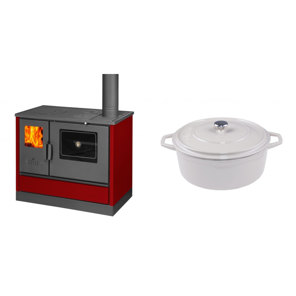 Set Küchenofen mit Backofen und Kochplatte Balkan Energy, Modell 4020 Bordeaux, Obere Platte aus Gusseisen, Leistung 7.9kW + Gusseisen Topf Tiefer Solagio, Ivory, Ф24