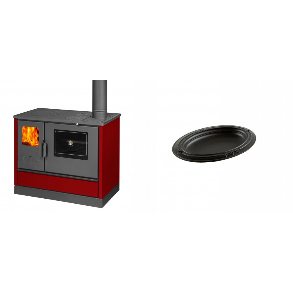 Set Küchenofen mit Backofen und Kochplatte Balkan Energy, Modell 4020 Bordeaux, Obere Platte aus Gusseisen, Leistung 7.9kW + Gusseiserne auflaufform Solagio oval, 17x28cm