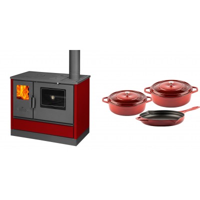 Set Küchenofen mit Backofen und Kochplatte Balkan Energy, Modell 4020 Bordeaux, Obere Platte aus Gusseisen, Leistung 7.9kW + Gusseisen Topf Set aus 3 teilen Solagio, Rubin - Balkan Energy