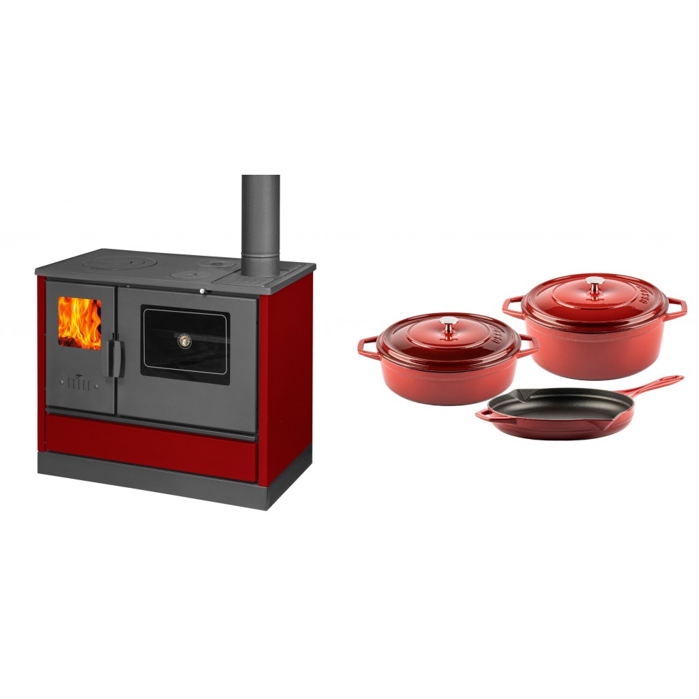 Set Küchenofen mit Backofen und Kochplatte Balkan Energy, Modell 4020 Bordeaux, Obere Platte aus Gusseisen, Leistung 7.9kW + Gusseisen Topf Set aus 3 teilen Solagio, Rubin