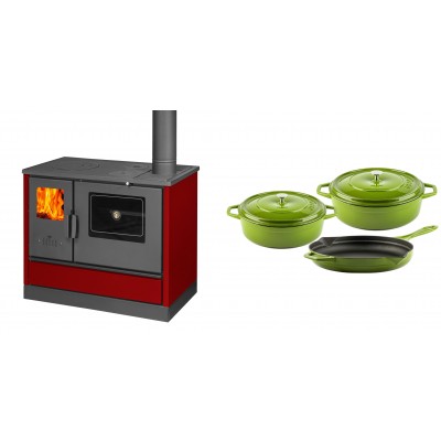 Set Küchenofen mit Backofen und Kochplatte Balkan Energy, Modell 4020 Bordeaux, Obere Platte aus Gusseisen, Leistung 7.9kW + Gusseisen Topf Set aus 3 teilen Solagio, Bamboo - Balkan Energy