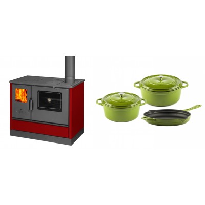 Set Küchenofen mit Backofen und Kochplatte Balkan Energy, Modell 4020 Bordeaux, Obere Platte aus Gusseisen, Leistung 7.9kW + Gusseisen Topf Set aus 3 teilen Solagio, Bamboo - Balkan Energy