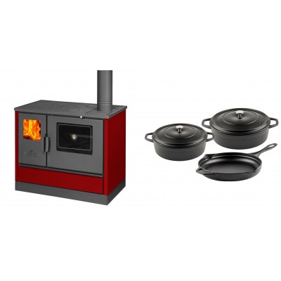Set Küchenofen mit Backofen und Kochplatte Balkan Energy, Modell 4020 Bordeaux, Obere Platte aus Gusseisen, Leistung 7.9kW + Gusseisen Topf Set aus 3 teilen Solagio, Black Onyx - Balkan Energy