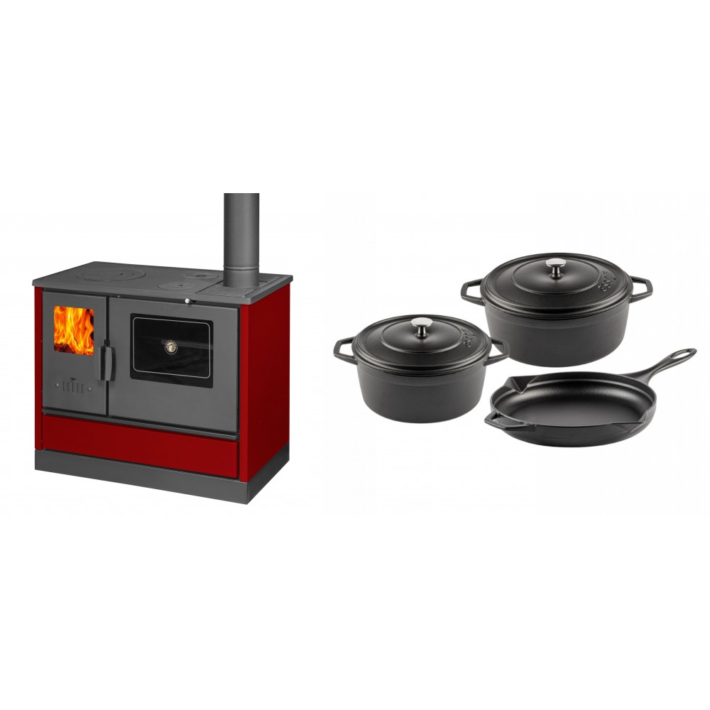 Set Küchenofen mit Backofen und Kochplatte Balkan Energy, Modell 4020 Bordeaux, Obere Platte aus Gusseisen, Leistung 7.9kW + Gusseisen Topf Set aus 3 teilen Solagio, Black Onyx | Kaminofen - Holzofen mit Backfach | Kaminofen |