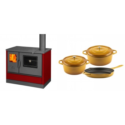 Set Küchenofen mit Backofen und Kochplatte Balkan Energy, Modell 4020 Bordeaux, Obere Platte aus Gusseisen, Leistung 7.9kW + Gusseisen Topf Set aus 3 teilen Solagio, Dijon - Balkan Energy