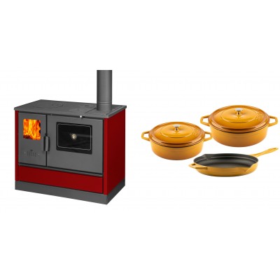 Set Küchenofen mit Backofen und Kochplatte Balkan Energy, Modell 4020 Bordeaux, Obere Platte aus Gusseisen, Leistung 7.9kW + Gusseisen Topf Set aus 3 teilen Solagio, Dijon - Balkan Energy
