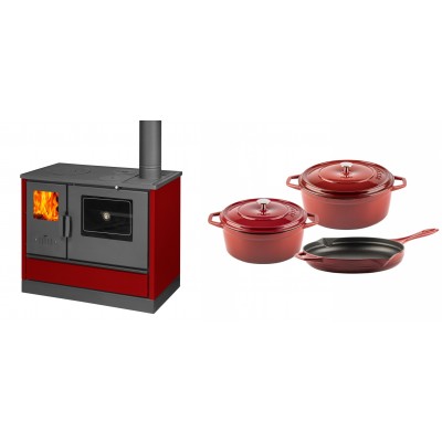 Set Küchenofen mit Backofen und Kochplatte Balkan Energy, Modell 4020 Bordeaux, Obere Platte aus Gusseisen, Leistung 7.9kW + Gusseisen Topf Set aus 3 teilen Solagio, Rubin - Balkan Energy