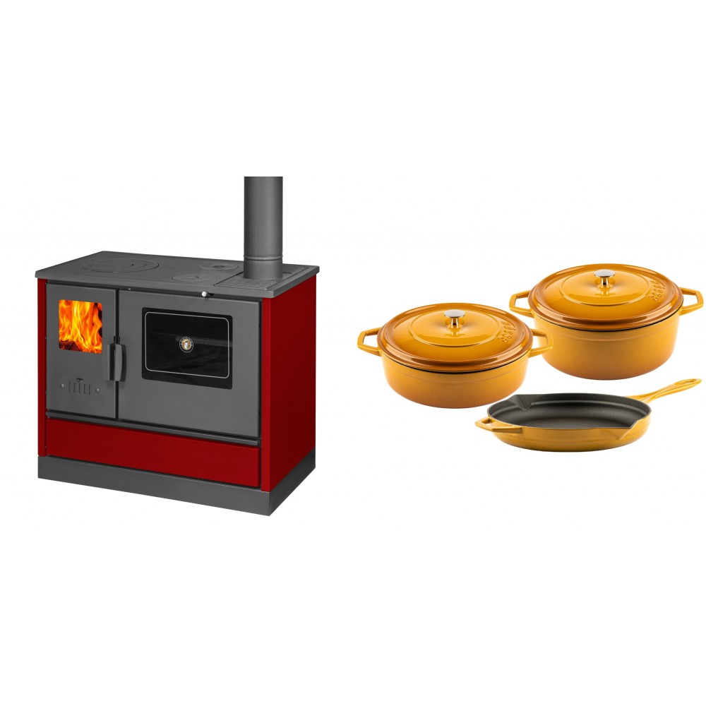 Set Küchenofen mit Backofen und Kochplatte Balkan Energy, Modell 4020 Bordeaux, Obere Platte aus Gusseisen, Leistung 7.9kW + Gusseisen Topf Set aus 3 teilen Solagio, Dijon