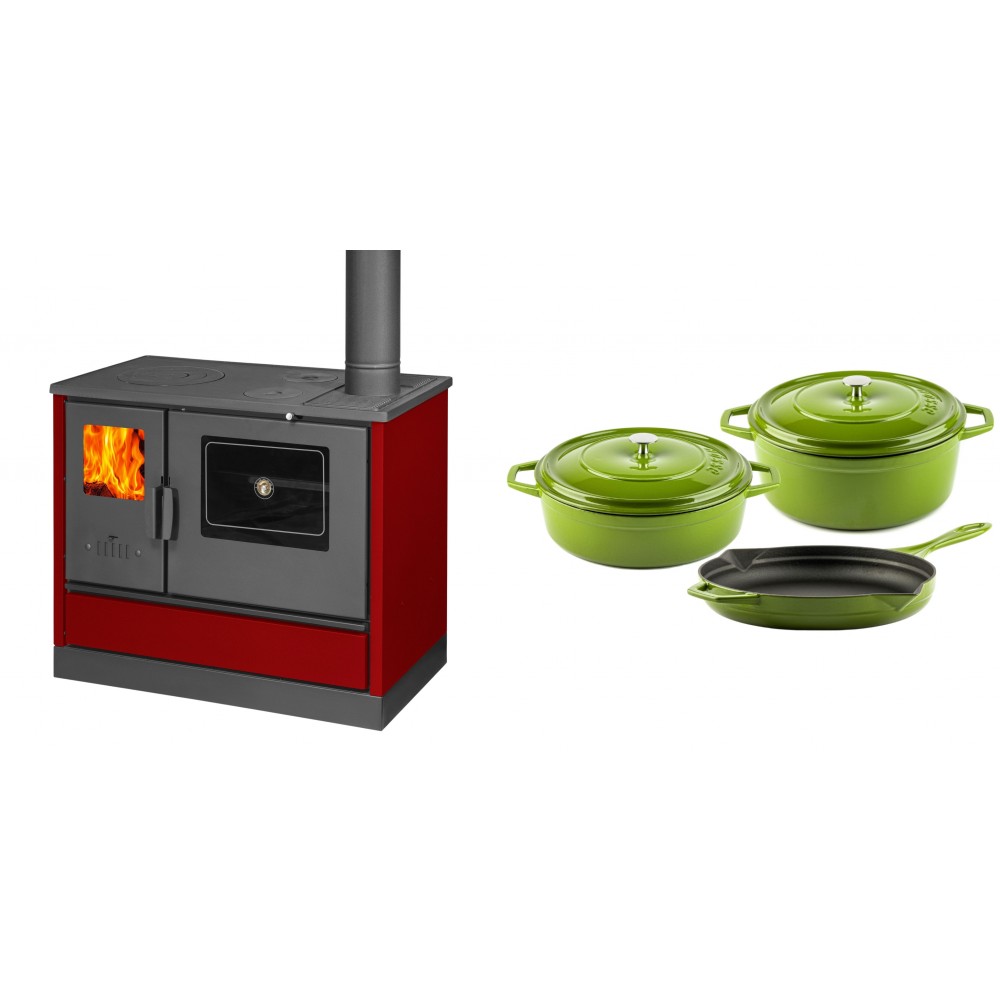 Set Küchenofen mit Backofen und Kochplatte Balkan Energy, Modell 4020 Bordeaux, Obere Platte aus Gusseisen, Leistung 7.9kW + Gusseisen Topf Set aus 3 teilen Solagio, Bamboo