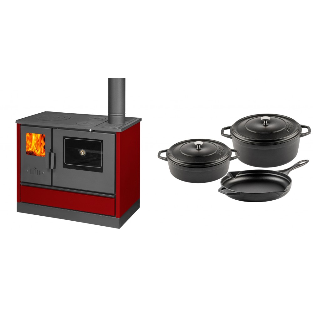 Set Küchenofen mit Backofen und Kochplatte Balkan Energy, Modell 4020 Bordeaux, Obere Platte aus Gusseisen, Leistung 7.9kW + Gusseisen Topf Set aus 3 teilen Solagio, Black Onyx