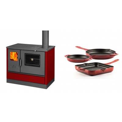 Set Küchenofen mit Backofen und Kochplatte Balkan Energy, Modell 4020 Bordeaux, Obere Platte aus Gusseisen, Leistung 7.9kW + Gusseisen Topf Set aus 3 teilen Solagio, Rubin - Balkan Energy