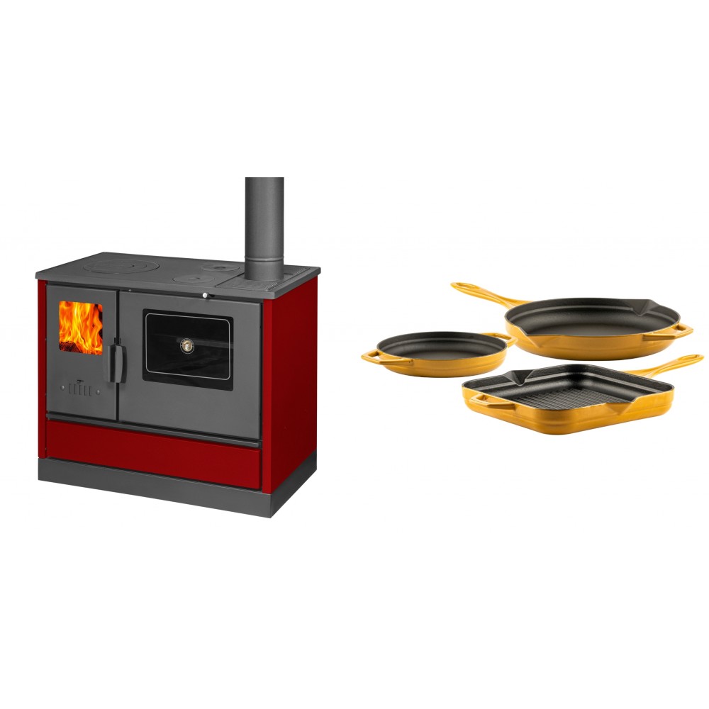Set Küchenofen mit Backofen und Kochplatte Balkan Energy, Modell 4020 Bordeaux, Obere Platte aus Gusseisen, Leistung 7.9kW + Gusseisen Topf Set aus 3 teilen Solagio, Dijon | Kaminofen - Holzofen mit Backfach | Kaminofen |