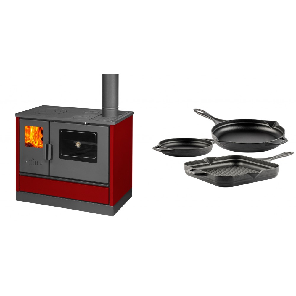 Set Küchenofen mit Backofen und Kochplatte Balkan Energy, Modell 4020 Bordeaux, Obere Platte aus Gusseisen, Leistung 7.9kW + Gusseisen Topf Set aus 3 teilen Solagio, Black Onyx