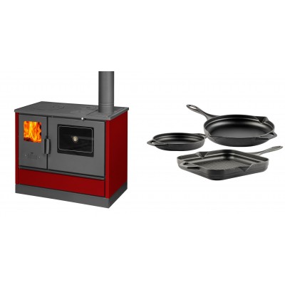 Set Küchenofen mit Backofen und Kochplatte Balkan Energy, Modell 4020 Bordeaux, Obere Platte aus Gusseisen, Leistung 7.9kW + Gusseisen Topf Set aus 3 teilen Solagio, Black Onyx - Balkan Energy