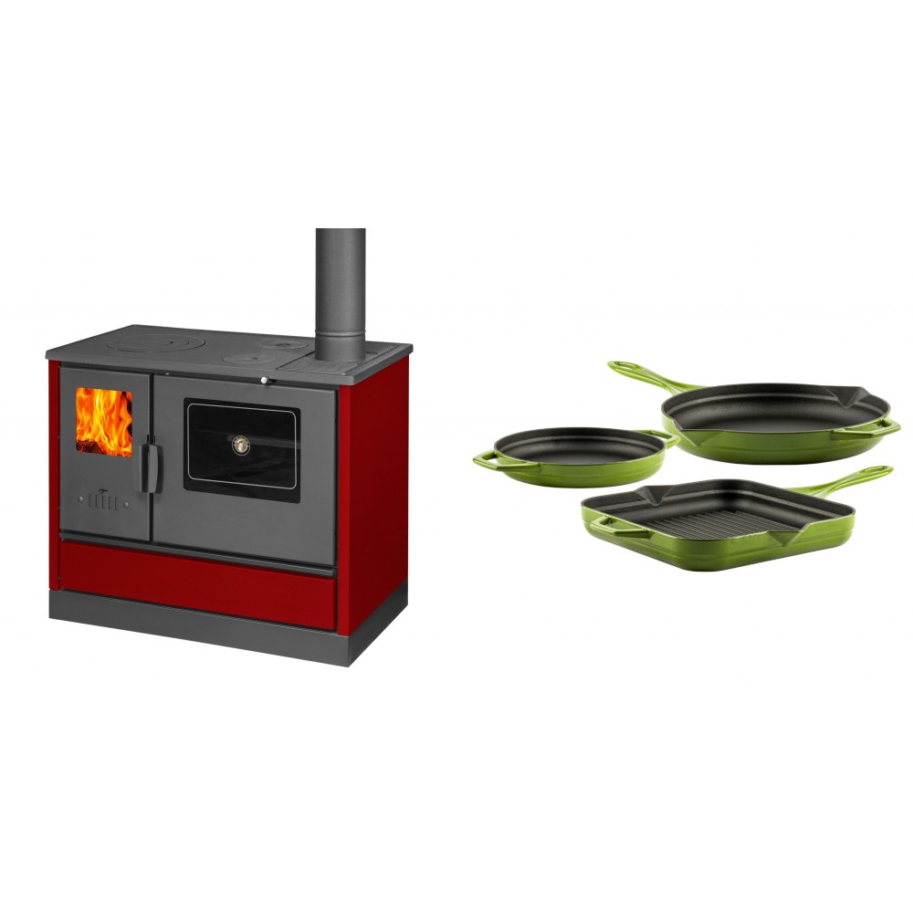 Set Küchenofen mit Backofen und Kochplatte Balkan Energy, Modell 4020 Bordeaux, Obere Platte aus Gusseisen, Leistung 7.9kW + Gusseisen Topf Set aus 3 teilen Solagio, Bamboo