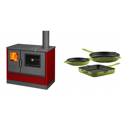Set Küchenofen mit Backofen und Kochplatte Balkan Energy, Modell 4020 Bordeaux, Obere Platte aus Gusseisen, Leistung 7.9kW + Gusseisen Topf Set aus 3 teilen Solagio, Bamboo - Balkan Energy