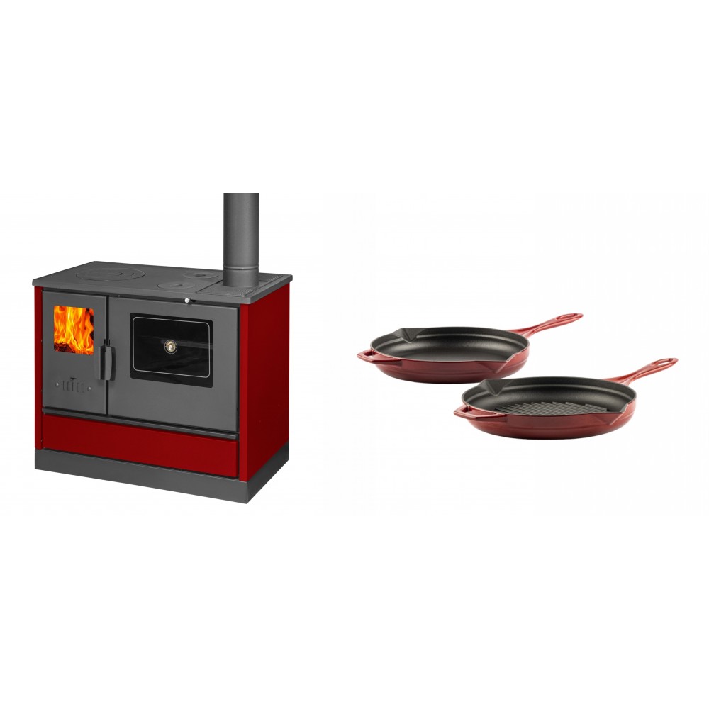 Set Küchenofen mit Backofen und Kochplatte Balkan Energy, Modell 4020 Bordeaux, Obere Platte aus Gusseisen, Leistung 7.9kW + Gusseisen Topf Set aus 2 teilen Solagio, Rubin