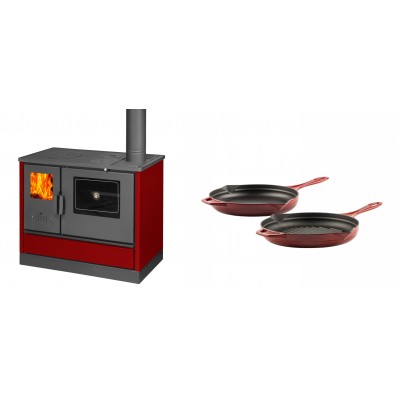 Set Küchenofen mit Backofen und Kochplatte Balkan Energy, Modell 4020 Bordeaux, Obere Platte aus Gusseisen, Leistung 7.9kW + Gusseisen Topf Set aus 2 teilen Solagio, Rubin - Balkan Energy